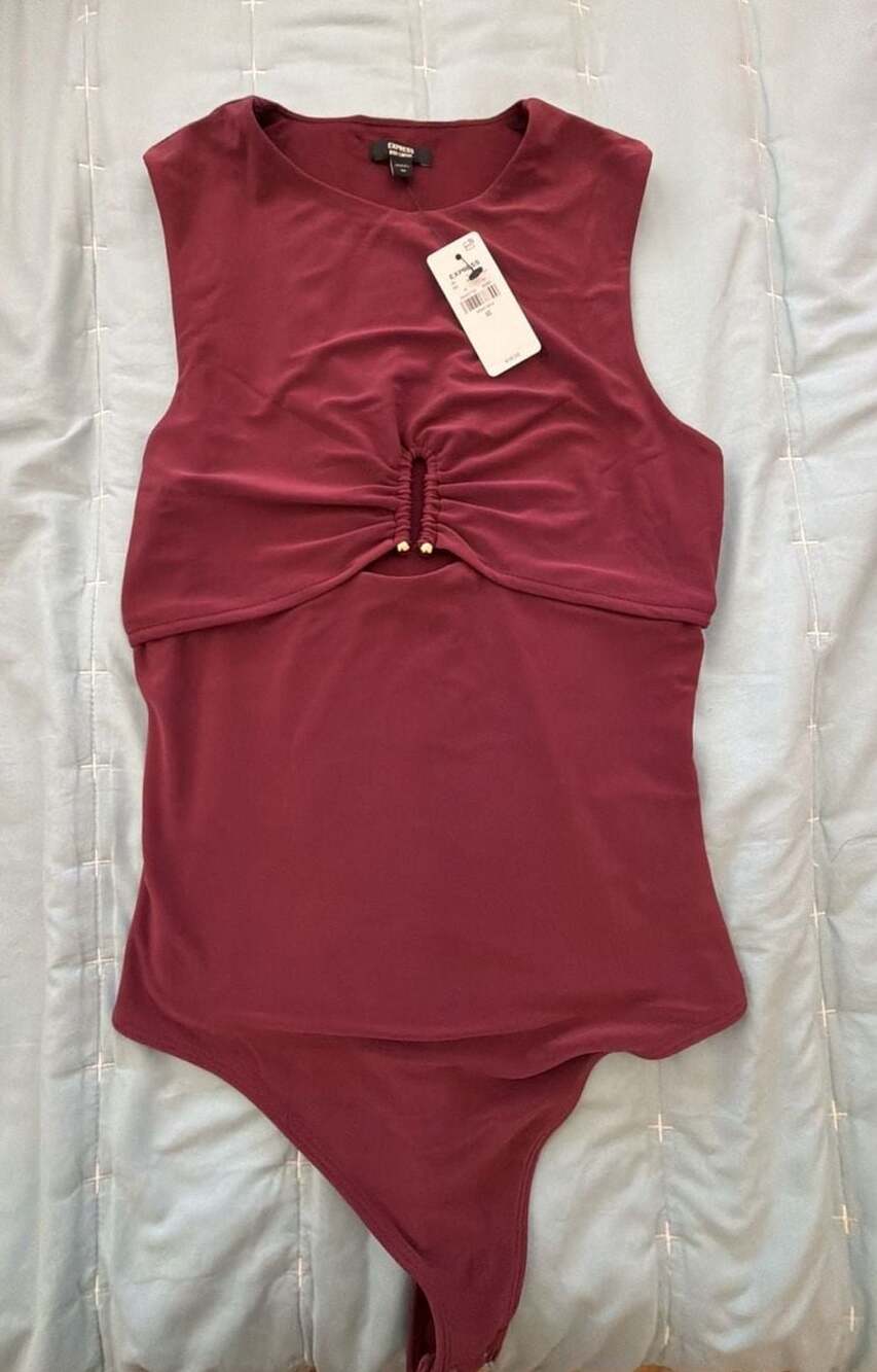 Express Burgundy Sleeveless Cut-Out Bodysuit with Gold Tone Hardware